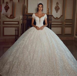 Wedding Dresses Princess Puffy Bridal Ball Gowns Sleeveless Off Shoulder Princess Lace Appliques Wedding Gowns Beading Sequins Plus Size