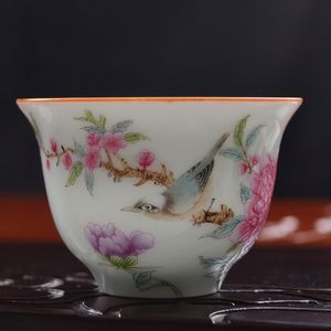 Bird single tea cup accessories for home decor Ceramic bright colored pink peaches cup Handmade pastel teacup