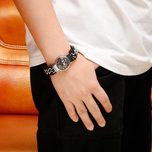 Mens HIp-Hop jewelry 110g weight stainless steel with black leather Lion/ Wolf bracelet bangle 19mm wide 9 inch