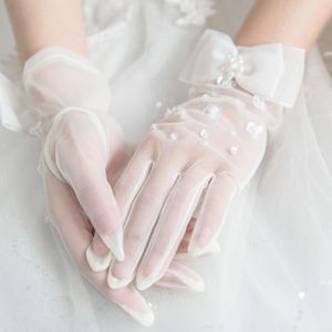 Women Sweet Wedding Short Gloves Handmade Pearl Sequins Flower Beaded Bowknot Decor Bridal Prom Party Mittens