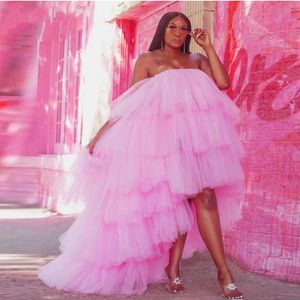 Blush Pink Tiered Tulle Homecoming Dresses High Low Elastic Puffy Formal Party Dress Strapless Prom Dress Cheap Robe Vestido