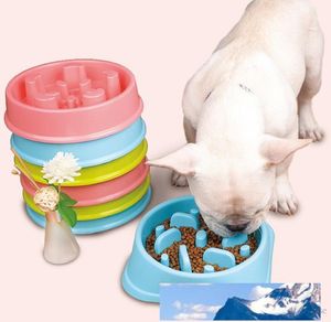 Plastic Pet Feeder Anti Choke Dog Bowl Puppy Cat Slow Down Eatting Feeder Healthy Diet Dish Jungle Design Pink Blue Green