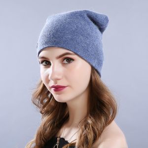 chapéus das mulheres Feminino lã Casual Outono Inverno Nova Marca Double Layer Grosso 2020 Sólidos malha Meninas Skullies Gorros