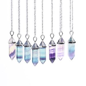 Fluorit halsband kristall hängen för kvinnor män natursten sten kvarts bullet hexagonal pendel reiki chakra suspension smycken