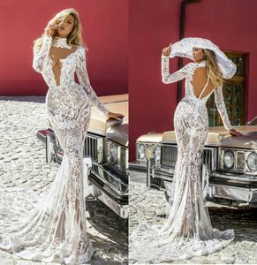 High Collar Lace Mermaid Wedding Dresses Luxurious Dubai See Through Sexy vestidos de novia Long Sleeve Bridal Gowns