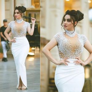 New White Beaded Pearls Satin Ärmlös Straight Evening Dresses Formell Klänning Prom Party Gown Gown High Neck Custom