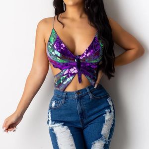 Sexy блесток бабочка Crop Top лета женщин Топы Винтажная женщин Узелок майка майка Backless повязки Короткие женской одежды