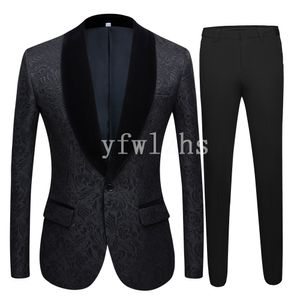 Nyaste Embossing Groomsmen Sjal Lapel Bröllop Brudgum Tuxedos Män Passar Bröllop / Prom / Middag Bästa Man Blazer (Jacka + Tie + Byxor) T84