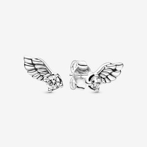 Autêntico 100% 925 Sterling Prata Sparkling Angel Wing Stud Brincos Moda Diy Jóias Acessórios para Mulheres Presente