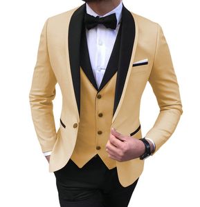 Champagne Mens Suits 3 Piece Black Shawl Lapel Casual Tuxedos for Wedding Groomsmen Suits Men (Blazer+Vest+Pant)