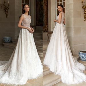 Stunning A Line Feather Beading Wedding Dresses Bateau Neck Sequined Bridal Gowns Sweep Train Tulle robe de mariée