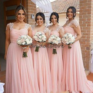 Country Pink Bridesmaid Dresses Long Formal Prom Evening Dress Beaded Cap Sleeves Floor Length Chiffon Maid Of Honor Gowns 2020 Cheap Robes