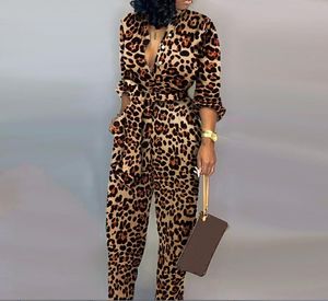 Kvinnor Jumpsuits Rompers Sexiga kvinnor Romper Leopard bundet midja lång ärm Jumpsuit Night Clue Autumn Clothing Set251q