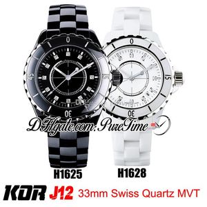 Korf H1625 H1628 33mm Swiss Quartz Womens Watch Stål Svart Vit Korea Keramiska diamanter Damer med armband Bästa Edition Puretime J12A2C