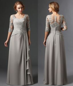 Silver Chiffon Mother of the Bride Dresses A-Line 3/4 ärmar spetsar plus storlek lång elegant brudgum Mors klänningar