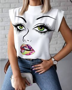 섹시한 새 여자 여름 티셔츠 스탠드 칼라 입술 프린트 탑스 티셔츠 민소매 숙녀 아세테이트 사이즈 S-2XL