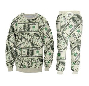 New Men Womens Unisex Casal 100 dólares 3d Imprimir calças Crewneck Sweatshirt + agasalho Outono Inverno