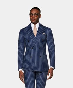 Moda Blue Stripe Groom Tuxedos Double-Breasted Groomsmen Wedding Tuxedos Popularne Mężczyźni Formalna Blazer Prom Jacket Suit (kurtka + spodnie + krawat) 62