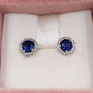 Blue Round Sparkle Stud Earrings Authentic 925 Sterling Silver Studs Fits European Pandora Style Studs Jewelry Andy Jewel 296272C01