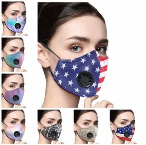 Tryckt ansiktsmask Anti dimma damm Earloop Andningsventil Justerbara återanvändbara masker Mjuka andningsbara skyddsmaskar Mouth Cover LJJP225