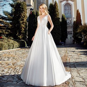 Sexy Backless V Neck Matte Satin A Line Wedding Dresses 2020 Lace Up Beaded Sashes Sweep Train Vintage Bridal Gowns vestidos de mariee