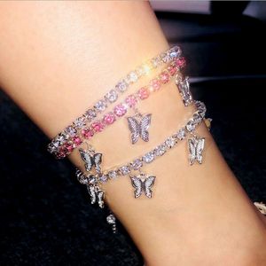 Mode Schmetterling Fußkettchen Iced Out Knöchel Armbänder Gold Silber Tennis Kette Fußkettchen Damen Hip Hop Schmuck