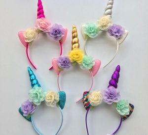 Children's headban Glitter Metallic Unicorn Headband Girls Chiffon Flowers Hairband For Kids leaf flower Unicorn Horn Party Hair Accessories