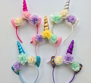 Copricapo per bambini Glitter metallico Unicorno Fascia per ragazze Fiori in chiffon Fascia per capelli per bambini Fiore foglia Corno di unicorno Accessori per capelli per feste