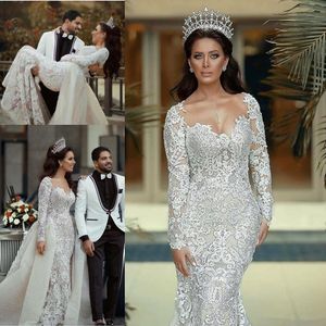 Abiti da sposa a sirena a maniche lunghe con strascico staccabile 2021 Perle di lusso Applique in pizzo con perline Principessa Abiti da sposa