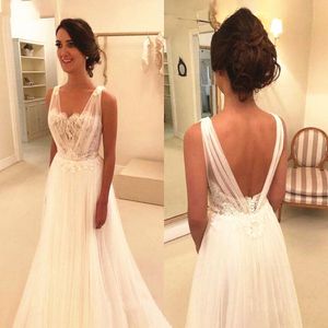 Setwell Sweetheart Neck A-Line Suknie ślubne Sexy Backless Bez Rękawów Koronki Aplikacje Plisowane Tulle Długość Suknie Ślubne