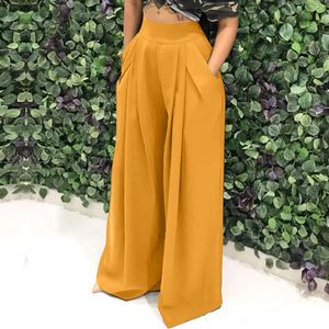 Women Casual Loose Palazzo Pants Autumn High Waisted Wide Leg Trousers Pleated Long Culottes Pants Elastic Waist Trouser Pockets T200729