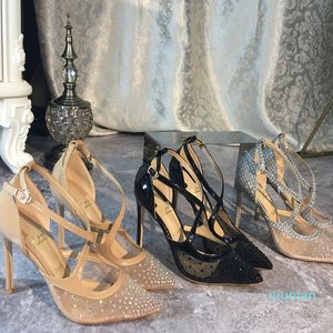 Hot Sale-Casual Designer Sexy lady fashion mesh nude strass Criss Cross strappy point toe high heels pumps Stiletto heeled