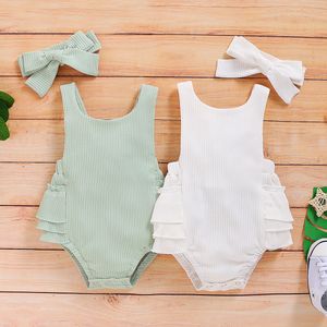 Infant Newborn Baby solid Romper Headbands Sets Sleeveless Suspender Jumpsuit Sling Bodysuits Summer Casual Outfit One-piece Clothes M2483