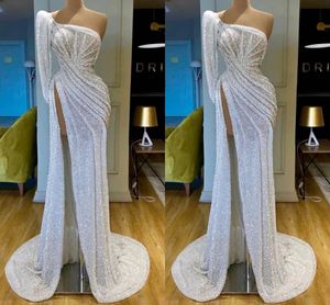 White New Fashion One Shoulder Mermaid Prom Sexy Backless Sequined Draped Pleats Evening Gown High Side Split Formal Dresses