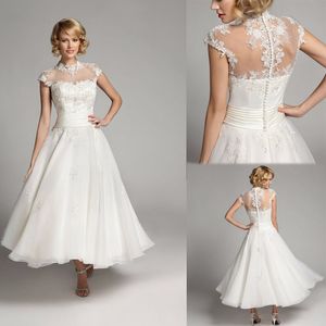 Wedding Dresses A Line Cap Sleeves Bridal Gowns Scoop Neck Wedding Gowns Country Style Short Tea Length Lace Appliques