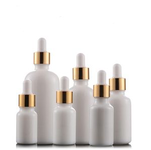Newest 10ml 15ml 20ml 30ml 50ml 100ml Glass Dropper Bottles White Porcelain Essential Oil Cosmetic Containers With Gold Cap SN1627