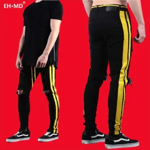 EH · MD® brilhantes duplo ouro listradas dos homens Jeans joelho com cordão elástico na cintura Buraco Buraco Pés Pants Magro Reflective Skinny 2020 New