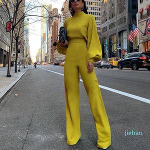 Fashion- Women Spring Fashion Elegant Office Lady Workwear Casual Long Jumpsuits High Neck Lantern Sleeve Wide Leg Overalls