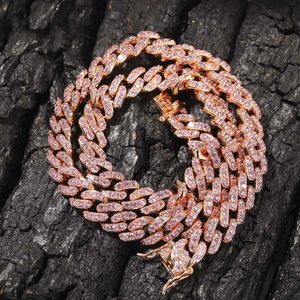 9mm Iced Out Women Choker Halsband Rose Gold Metal Cuban Link Full With Pink Cubic Zirconia Stones Chain Jewelry3156