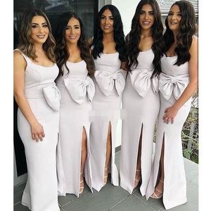 Mermaid Bridesmaid Dresses Straps Scoop Neck Side Slit Floor Length Chiffon Bow Pleats Maid Of Honor Gown Wedding Guest Formal Wear 403