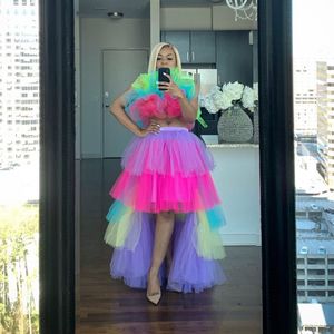 Multi color High Low Two Pieces Party Dresses Tiered Female Tutu Skirt And Top Causal High Street Ruffle Prom Dress Rainbow Vestidos