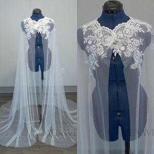 Menteau designer jacka vinterrockar kvinnor vit wrap sweep längd kvinnor bröllop robe spets applique brud kappa