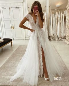 Unique Middle Slit Mermaid Wedding Dresses Gown with Train Deep V neck Short Sleeves Lace Ruched Bridal Gowns Plus size275U