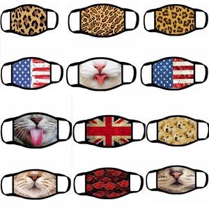 Rolig ansiktsmask tecknad tryckta återanvändbara USA flagga 3d leopard djur print anti damm tvättbar utomhus mun täckmaskar da597