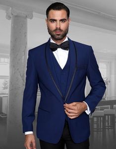 Moda Navy Blue Groom Tuxedos Szal Lapel Groomsman Wesele 3 szt. Garnitur Mężczyźni Business Prom Kurtka Blazer (Kurtka + Spodnie + Kamizelka + Kamizelka) 653