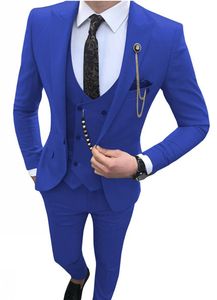 Doskonały Royal Blue 3 Piece Suit Men Ślub Tuxedos Peak Lapel Groom Tuxedos Men Business Dinner Prom Blazer (Kurtka + spodnie + krawat + kamizelka) 63