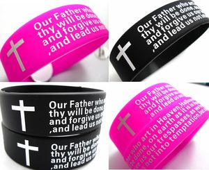 100pcs inspirerande engelska Lords bön Christian Mens Kvinnor Mode Kors Silikon Armband Partihandel Armband Cuffjewelry Lots