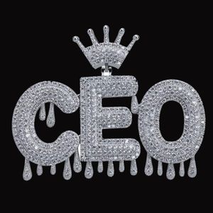 Custom Name Crown Bail Drip Initials Bubble Letters Pendant Necklaces Crown Letters Cubic Zircon Hip Hop Jewelry