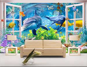 Individuelle Fototapeten für Wände 3D Wandbilder Wallpaper Dolphin 3D-Fenster Unterwasserwelt Fantasie Unterwasserwelt Wandbild für Wohnzimmer