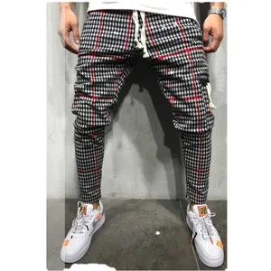 Män plaidbyxor full längd mens joggers kausal harem byxor streetwear hip hop smal passform byxor manlig bomull svett